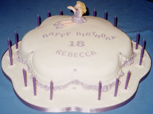 A madeira sponge with a sugar-crafted ballet dancer and a double row of frills.